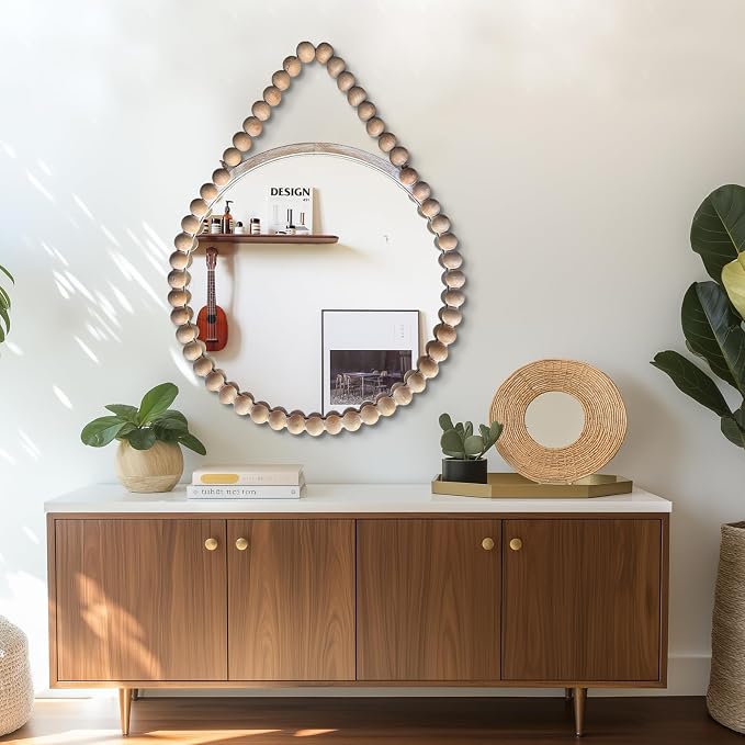 POZINO Wood Round Mirror, 28" Rustic Farmhouse Wall Hanging Mirror with Wooden Beaded Frame, Boho Circle Mirror for Entryway Bathroom Bedroom Living Room Hallway Fireplace