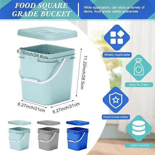 Mumufy 3 Pcs 3.5 Gallon Square Food Grade Bucket with Lid Square Bucket Pail Plastic Handles for Long Term Food Storage, Camping, Fishing, Home Organization Easy Stack and Store (Aqua,Gray,Blue)