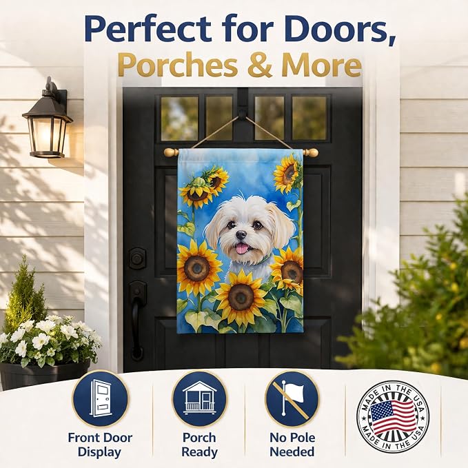 Caroline's Treasures DAC6117CHF Maltese in Sunflowers House Flag Large Porch Sleeve Pole Decorative Outside Yard Banner Artwork Wall Hanging, Polyester, House Size, Multicolor