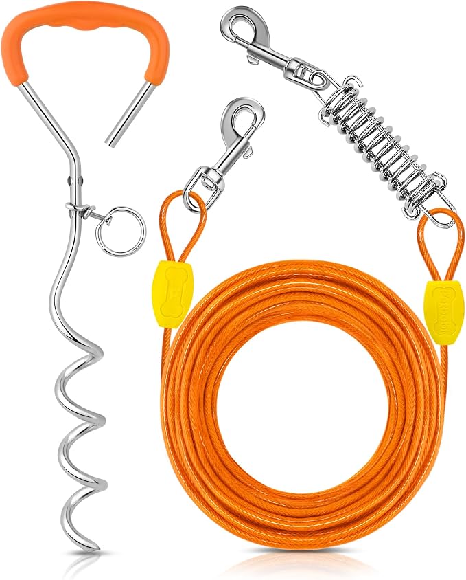 Petbobi Dog Tie-Out Cable and Stake - 50ft Heavy Duty Cable with Spring, No Tangle, 16in Ground Stake, Ideal for Outdoor Yard, Camping, Suitable for Small Medium Large Dogs Up to 120 lbs, Orange
