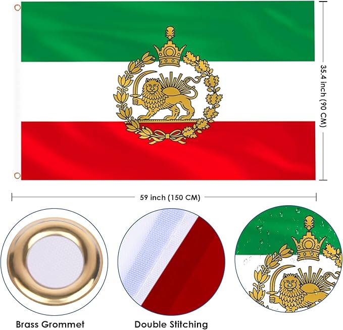 AhfuLife Iran Old Historic Flag 3x5 Ft with Lion Sun, 1 Pc Large Former Iranian Flags for Outside - Double Side with 2 Brass Eyelets for Party Decorations Bar Garden Street Decoration Indoor Outdoor