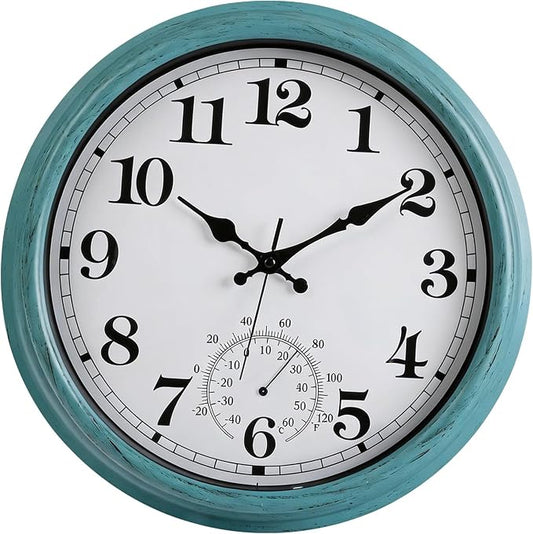 16 Inch Large Outdoor Clock Retro Waterproof Clock Non-Ticking Indoor/Outdoor Wall Clock with Thermometer, Battery Operated for Pool, Patio, Garden, Green