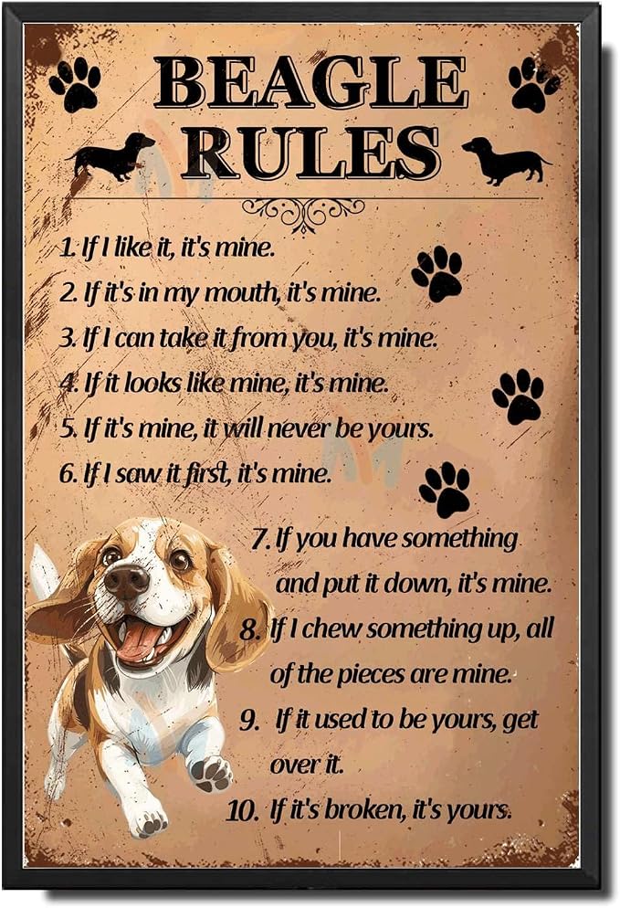 Metal Sign Tin Sign Vintage Wall Art Beagle Rules Boho Office Decor for Club 12×16 Inches with Metal Frame