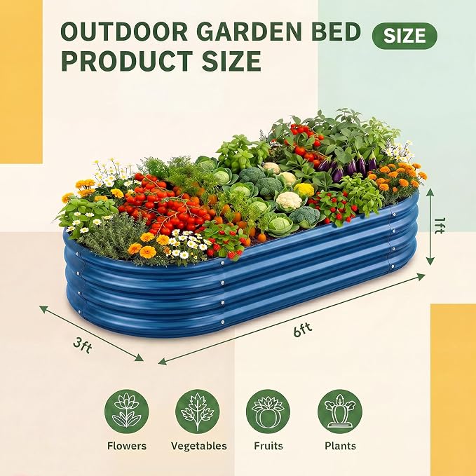 Land Guard 2 Pcs 6ft Metal Raised Garden Bed, 6 x 3 x 1 Galvanized Planter Raised Beds for Vegetables, Blue