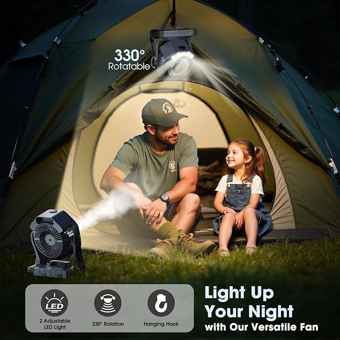 Ausic Portable Misting Camping Fan, 8" Outdoor Cooling Fan with LED Light, Water Spray, Hook, [Max 35H] Battery Operated Rechargeable Fan for Sports Sidelines, Patio, Beach, Tent, Travel