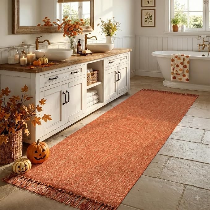 Fall Bathroom Runner Rug, 2.6' x 7' Washable Long Kitchen Rugs | Modern Farmhouse Entry Hall Carpet, Terracotta Hand Woven Hallway Runner Rug for Laundry Bedroom Porch Bedside Fall Decor