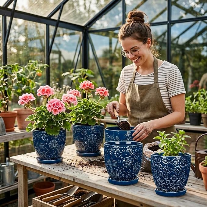 Hollyone Set of 3 Blue Ceramic Planter 6 Inch Flower Plant Pot with Drainage Hole and Saucer for Plants Embossed Indoor Outdoor Garden Embossed Ceramic Glazed Round Pot for Succulent Orchid