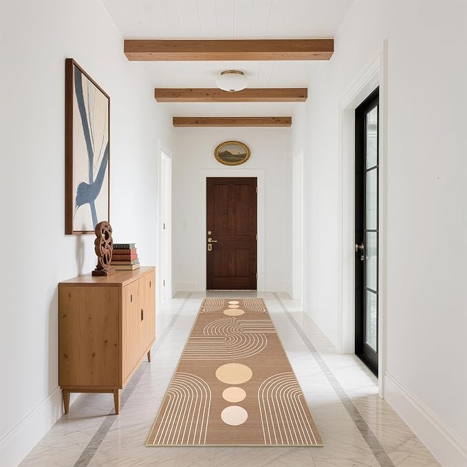 Boho Runner Rug 2x6 Modern Geometric Abstract Rug for Hallway Kitchen Bedroom Brown Mid Century Modern Runner Machine Washable Non-Slip Printed Low-Pile Long Floor Carpet for Bathroom Laundry Brown