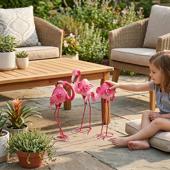 3Pcs Pink Flamingo Yard Decor 15" Metal Yard Art Outdoor Sculptures | Garden Statues for Outside Lawn Ornament Home Patio Backyard Décor Porch Pool Deck Decorations Set Of 3 Tropical Present