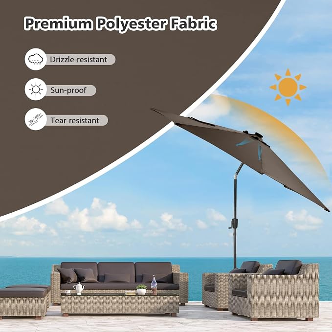 HAPPYGRILL 10 FT Solar Patio Umbrella with 112 LED Light, Outdoor Umbrella with Tilt Adjustment, Crank System, 8 Metal Ribs & Vented Top, Deck Table Market Umbrella for Garden Pool Deck Yard