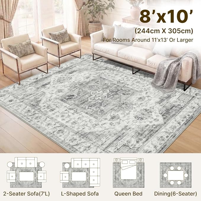 8x10 Area Rug Vintage Washable Rugs for Living Room Bedroom Nursery | Farmhouse Boho Floral Neutral Washable Stain Resistant Indoor Carpet for Bedroom Office and Home Decor (Black&Grey)