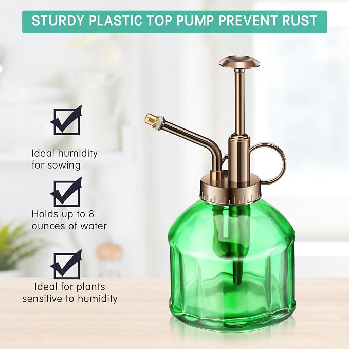 Set of 7 6.3'' Vintage Glass Plant Mister Modern 1.2l Long Spout Watering Can Squeeze Bottle Soil Moisture Meter 3 Pcs Hand Planting Tools for Indoor Outdoor Gardening Potted Flower, Green