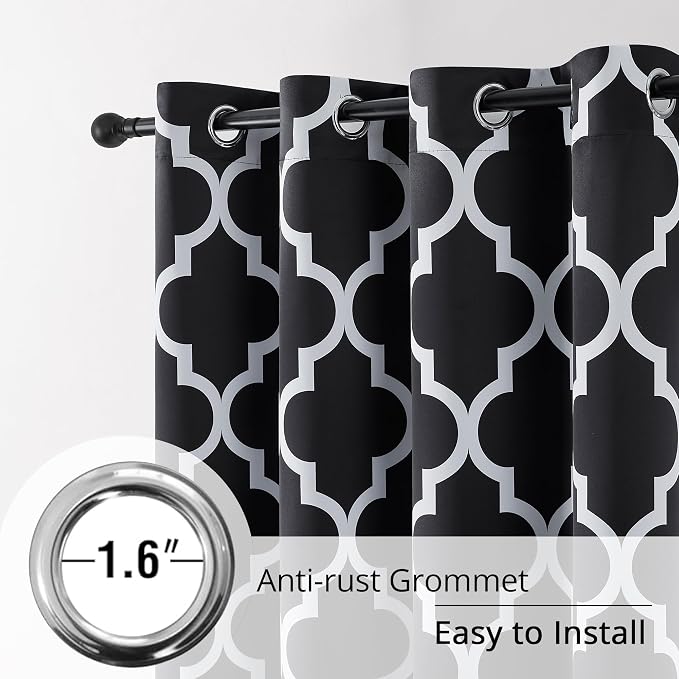 Moroccan Trellis Black and White 100% Blackout Curtains for Bedroom – Thermal Insulated, Noise Reducing, Grommet Top, 52×84 in,2 Panels