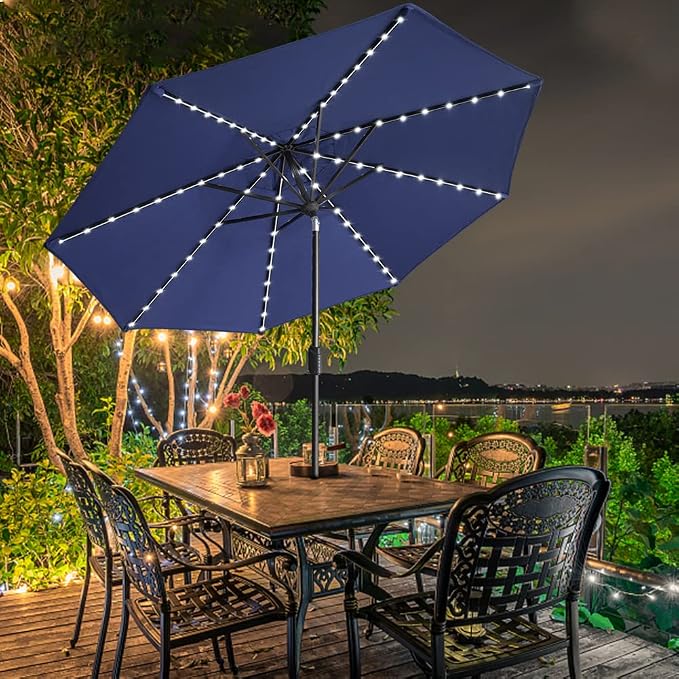 EliteShade USA 10-Year-Non-Fading 9ft Market Patio Umbrella, Commercial Grade Table Sun Umbrella with 80 Solar LED Lights, Crank Open, Windproof & UPF 50+ UV Protection for Garden, Deck, Pool, Backyard, Navy Blue