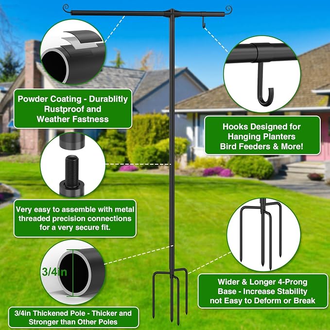 Garden Flag Stand Holder with Shepherd Hooks for 12 x 18 Flag, 51 Inch Height with 3/4 Inch Extra Thick Heavy Duty Garden Flag Pole with 4 Prong Base for Outside Home Yard Patio Decor