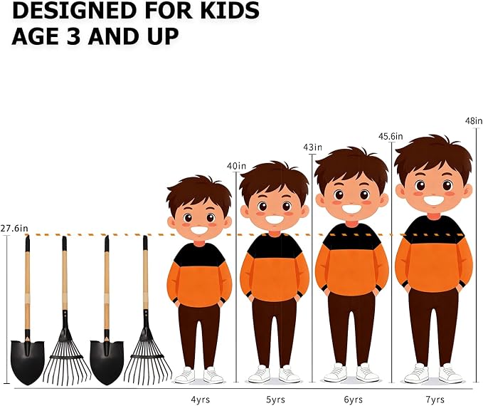Kids Garden Tool Set, 4-Piece Rake and Shovel with Wooden Handles, 28 Inch Long, Black Metal Gardening Tools for Boys and Girls