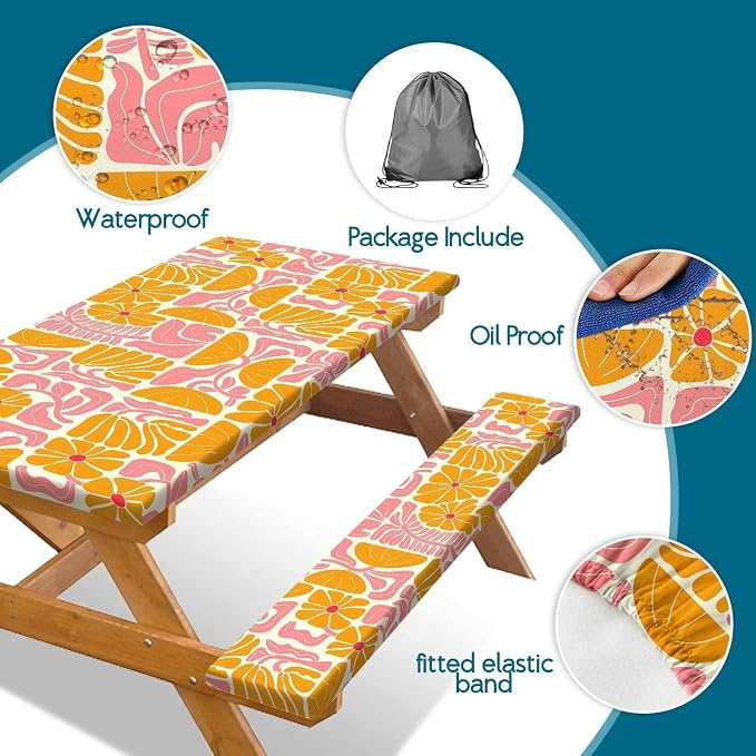 Picnic Table Covers with Bench Covers Boho Patchwork Orange Pink Flower Pattern Camping Tablecloth Fitted Picnic Table Cover with Elastic Windproof Waterproof, Camping Accessories Outdoor, 72In 3PCS