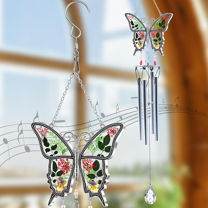 KY&BOSAM Butterfly Wind Chime with Crystal Sympathy Wind Spinner Memorial Wind Chimes for Loss of Loved One Prime Bereavement Sympathy Memorial Gift for Loss of Mother Father Condolence Remembrance