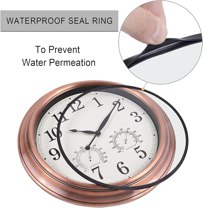 16 Inch Outdoor Clock Thermometer Combo, Red Bronze Metal-Frame Waterproof Wall Clock
