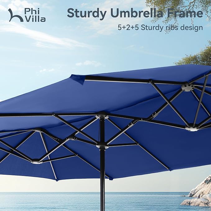 PHI VILLA 13ft Large Patio Umbrellas, Double-Sided Outdoor Market Rectangle Umbrella for Outside, Haze Blue