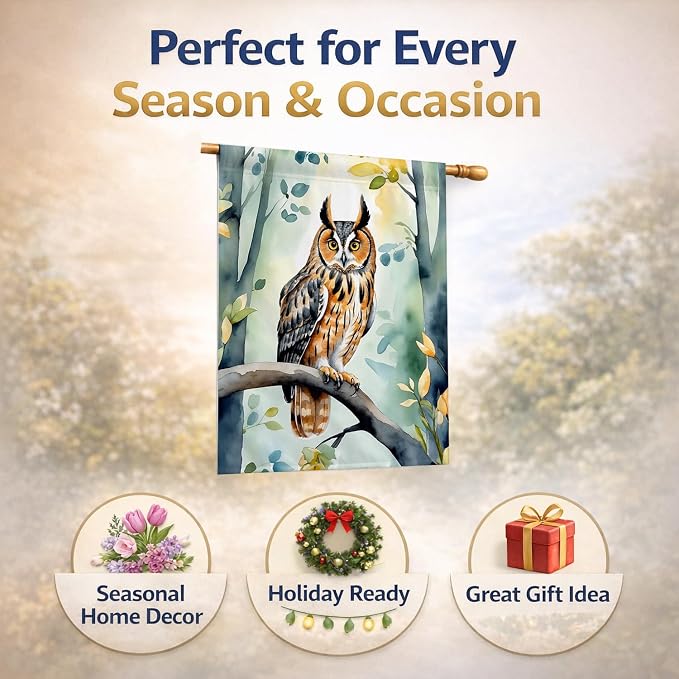 Caroline's Treasures LongEared Owl House Flag Large Porch Sleeve Pole Decorative Outside Yard Banner Artwork Wall Hanging, Polyester, House Size, Multicolor