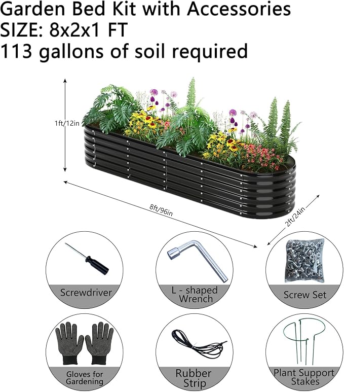 ZFHgarden Garden Box Raised Flower Bed Galvanized Metal Planter Round Raised Garden Bed Kit for Gardening Outdoor 1PC Black 8X2X1FT