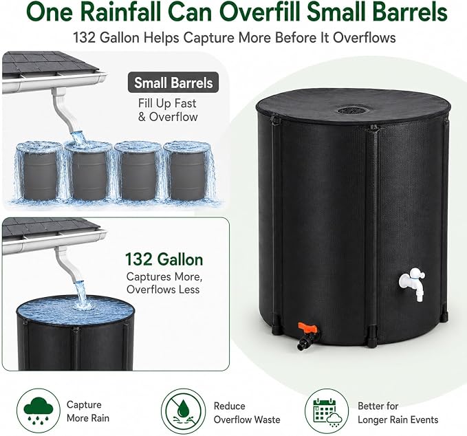132 Gallon Collapsible Rain Barrel, Rain Water Collection Barrel System Kit, Collapsible Water Tank with 2 Spigots and Overflow Kit, Portable Rain Water Catcher for Garden, Black