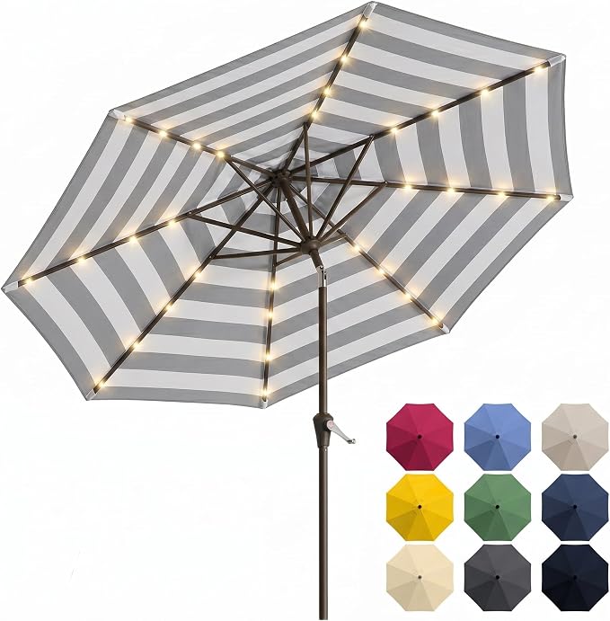 10FT Solar Patio Umbrella with Lights, Outdoor Table Market Umbrella with 32 LED Lights, 8 Sturdy Ribs, Push Button Tilt and Crank for Pool, Deck and Garden, UV-Resistant