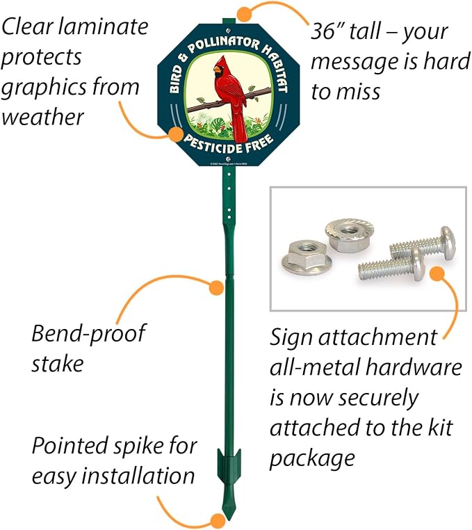 SmartSign 10 x 10 inch Bird & Pollinator Habitat, Pesticide Free Yard Sign & Stake Kit, 40 mil Laminated Rustproof Aluminum, 3 foot Stake, Set of 1, For Lawn, Garden
