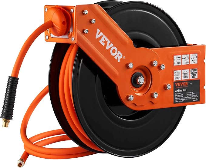 VEVOR Retractable Air Hose Reel, 3/8 IN x 50 FT Hybrid Air Hose Max 300PSI, Air Compressor Hose Reel with 5 ft Lead in, Ceiling/Wall Mount Heavy Duty Single Arm Steel Reel