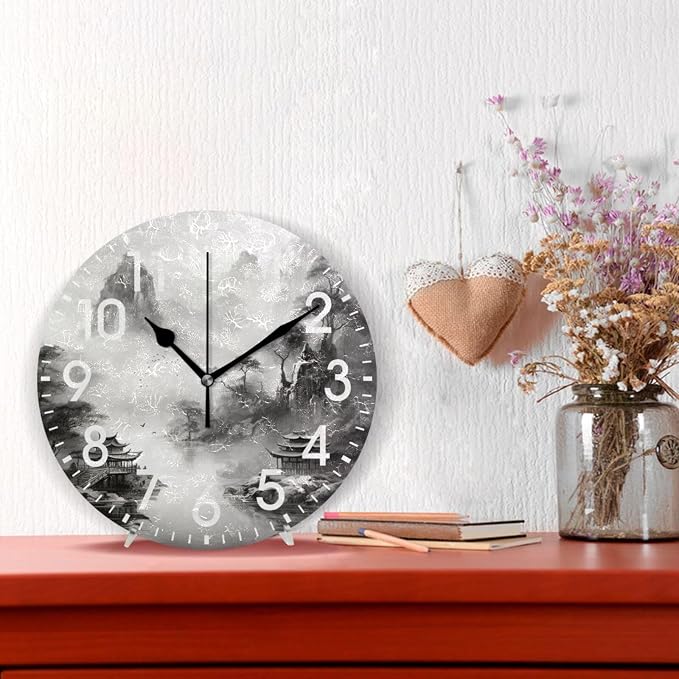 ALAZA Home Decor Chinese Mountain Watercolor Round Acrylic 9.84 Inch Wall Clock Non Ticking Silent Clock Art for Living Room Kitchen Bedroom