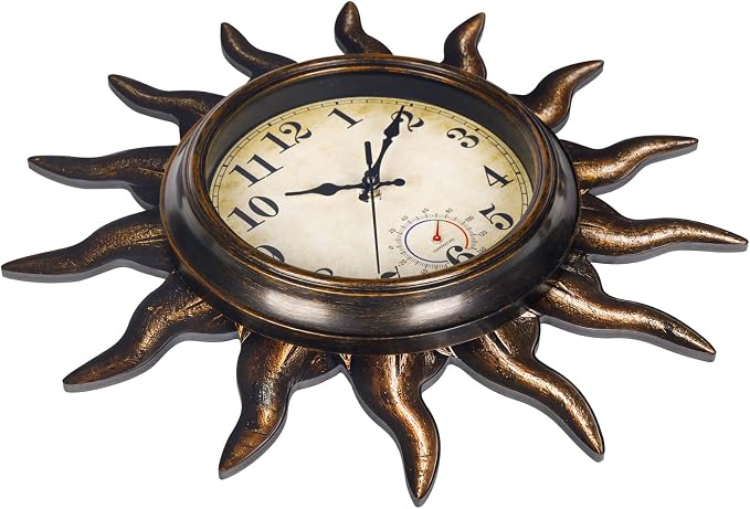 Sun Outdoor Clock with Thermometer - Silent Non-Ticking Retro Decorative Wall Clock, Waterproof PVC for Patio, Garden, Pool, Bathroom, Kitchen Decor - 13 Inch, Bronze