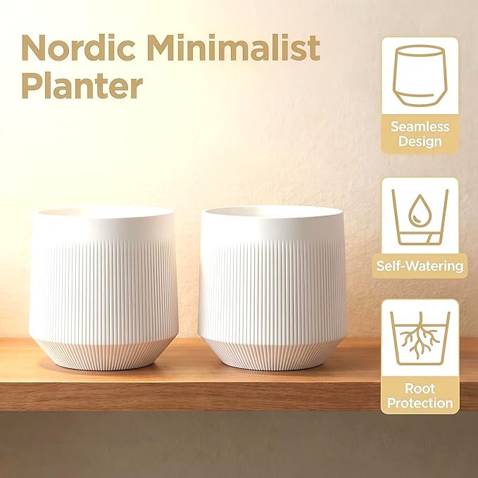 Plant Pots，Set of 2 Plastic Large Pots for Indoor Plants,Flower Pots Outdoor Planters with Drainage Hole and Seamless Saucer,(White 12Inches)