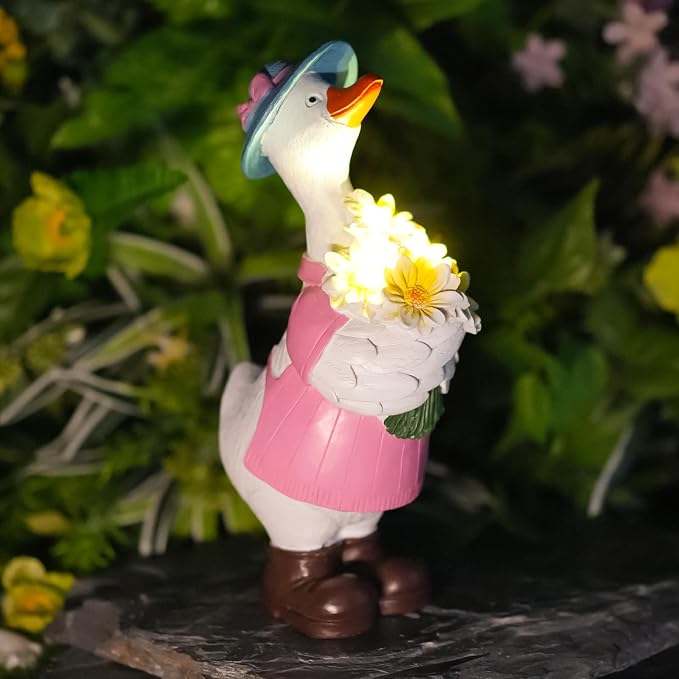Solar Porch Goose Garden Statue with Glowing Flower, 11.5" Solar Duck Garden Decor for Outdoor, Waterproof Animal Figurine with Auto Light for Yard Lawn Patio - Unique Gift for Mom Grandma Women