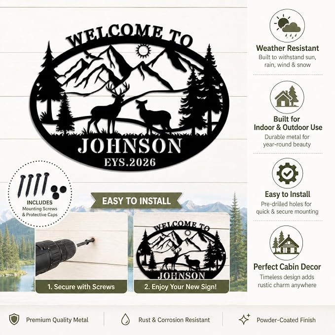 Personalized Deer Metal Cabin Sign Custom Family Name Sign Rustic Metal Wall Art for Outdoor Indoor Cabin Decor Hunting Lodge Patio Living Room Hunter Gift