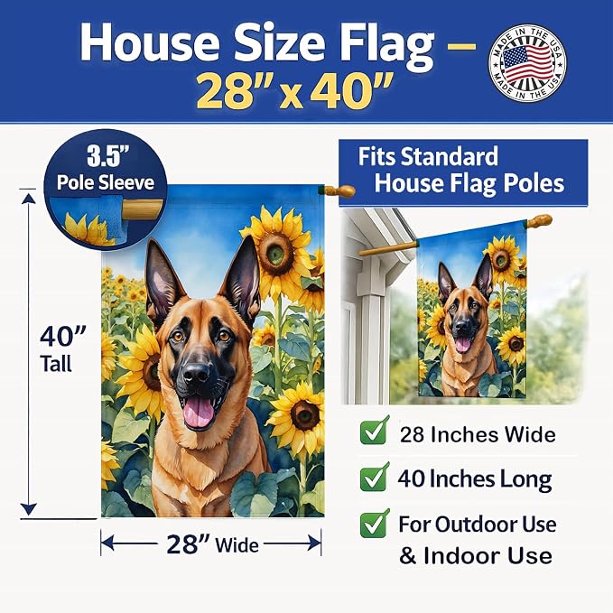 Caroline's Treasures DAC6022CHF Belgian Malinois in Sunflowers House Flag Large Porch Sleeve Pole Decorative Outside Yard Banner Artwork Wall Hanging, Polyester, House Size, Multicolor