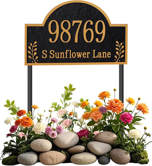 Customizable Address Sign - LAWN MOUNTED Plaque Outdoor House Number for Home,Outside Street Name Garden Décor Arched Style 6