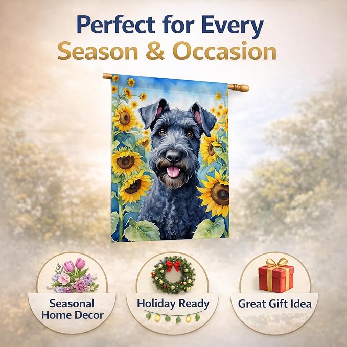 Caroline's Treasures DAC6106CHF Kerry Blue Terrier in Sunflowers House Flag Large Porch Sleeve Pole Decorative Outside Yard Banner Artwork Wall Hanging, Polyester, House Size, Multicolor