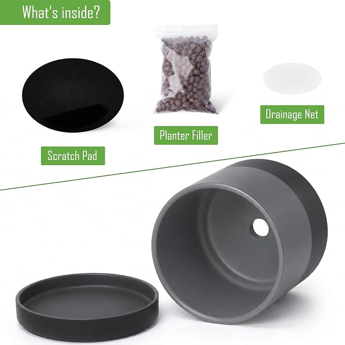 D'vine Dev 6 Inch Ceramic Planter Pot with Drainage Hole and Saucer, Indoor Cylinder Round Planter Pot, Slate, 94-O-C-5