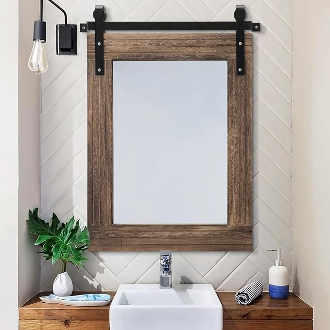 AAZZKANG Rustic Wood Mirror Rectangle Decorative Wall Mirror Large 26"x18" with Frame Bedroom Living Room Bathroom Hanging Mirror
