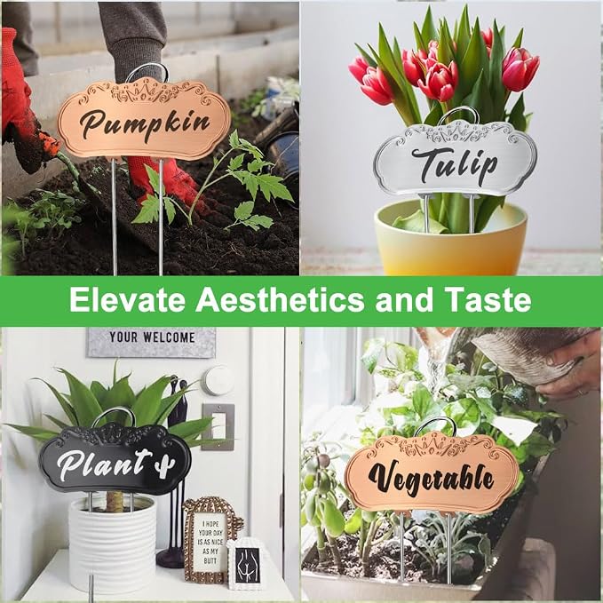30 Packs Metal Plant Labels, Tall Outdoor Garden Markers for Flowers, Fruits and Vegetables, 304 Stainless Steel Weatherproof Signs (4" x 1.9", Silver, Black and Gold)