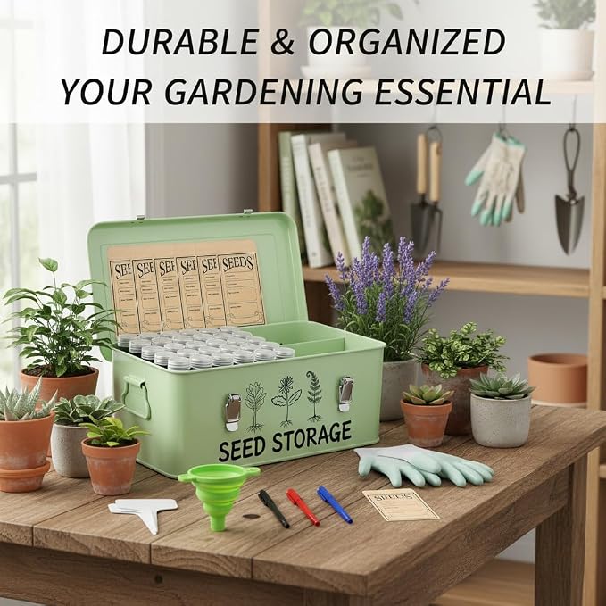 Metal Seed Storage Box Organizer with 3 Compartments, Safety Lock Lid Bin Seed Bottles Envelopes, Plant Labels, Foldable Funnel Gloves,Portable All-in-One Seed Saving Tin for Gardeners Beginners