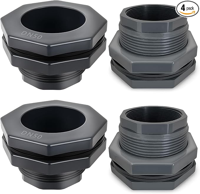 4 Pcs 2 Inch Bulkhead Fitting PVC - Heavy-Duty Plumbing Kit for Water Tank, Aquariums, Rain Barrels & Pools with Reinforced Seals (Female/Internal Thread, Requires 3-1/2" Hole Saw)