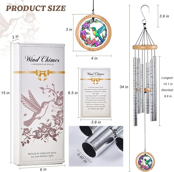 Sympathy Wind Chimes for Outside 34" Hummingbird Memorial Wind Chime Outdoor for Garden Porch Decor Hummingbird Memorial Sympathy Gift for Loss of Loved One Mom Dad Grandpa Grandma Friends