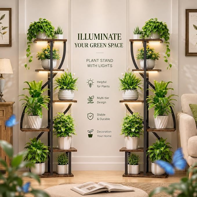 Plant Stand Indoor with Grow Light, 51" Tall Plant Stand for Multiple Plants, 6 Tiered Plant Shelf Indoor, Corner Metal Flower Plant Holder Display Rack for Living Room, Patio Decor