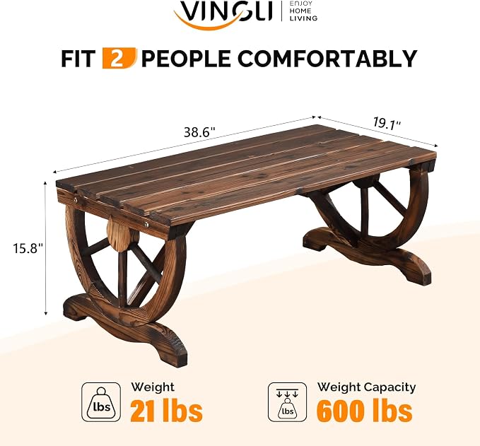 VINGLI Rustic Wooden Wheel Bench Outdoor Bench, Patio Bench Wagon Slatted Seat, Garden Benches for Outdoors 350lbs High Capacity, Weather Resistance (Rustic, 38in)