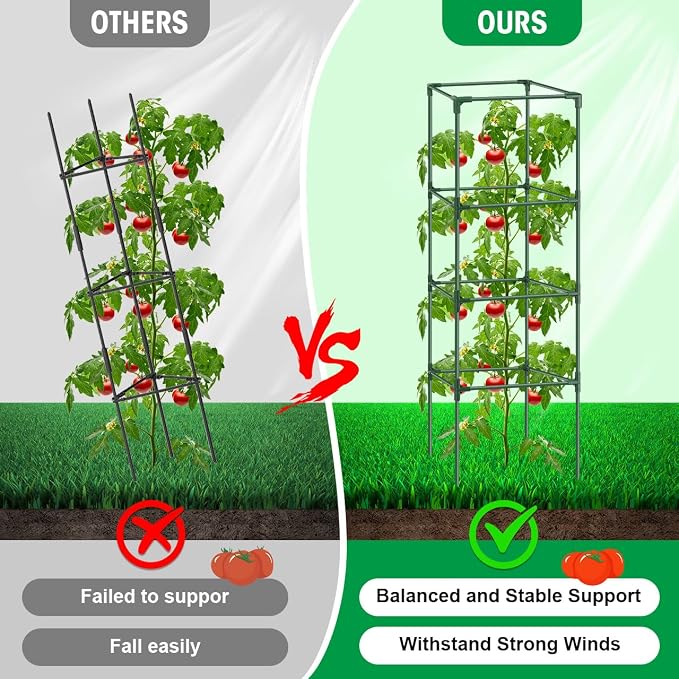 6Pack Tomato Cages for Garden,Square Tomato Plant Cage Support Heavy Duty Pole 57*15.4*15.4 Inches,Steel Plant Tower Stakes,Cherry Tomato Trellis Cucumber for Climbing Vegetables Flowers Fruits-Green