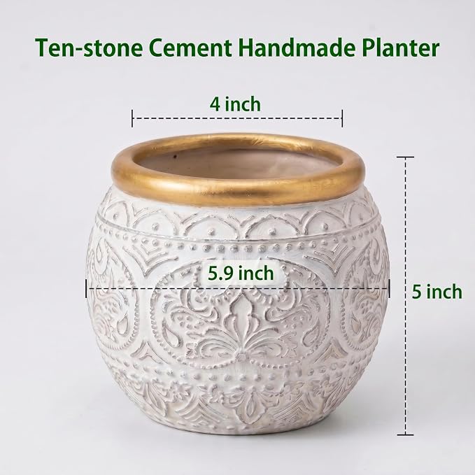 2Pcs 5.9 Inch Cement Planters, Vintage Planter with Gold Rim and Drainage Holes, Decorative Indoor Containers for Succulents, Herbs, Home & Office