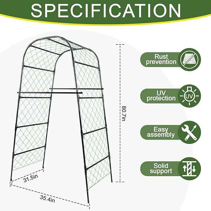 Extra Tall Garden Arch Trellis for Cucumber, Heavy-Duty Rust-Resistant Powder-Coated Steel, Vertical Support for Large Vining Vegetables (47”W x 79”H)