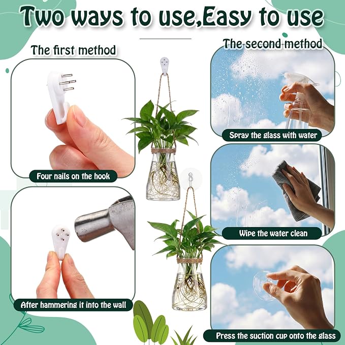 Baderke 9 Sets Window Hanging Propagation Stations 3.35'' Plastic Propagation Vases with Suction Cup & Traceless Nail, Propagated Holder Wall Jars for Office Garden Decoration Gift